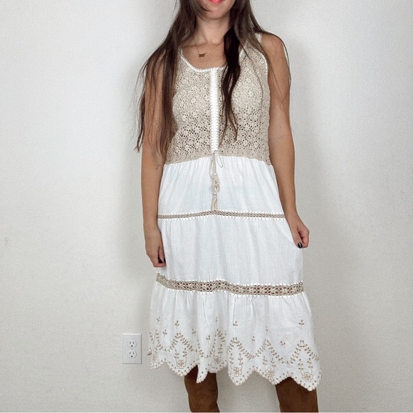 American Vintage Dresses & Skirts - 1970S Vintage BROWN & CREAM CROCHET Embroidered MIDI DRESS